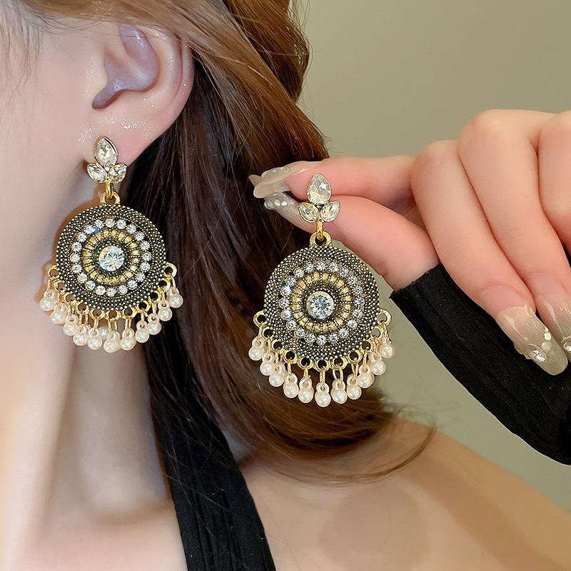 Vintage Bohemian Rhinestone & Faux Pearl Tassel Earrings