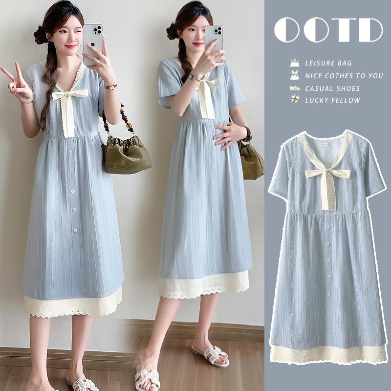 Elegant Striped V-neck Lace Bow Plus Size Summer Maternity Dress M
