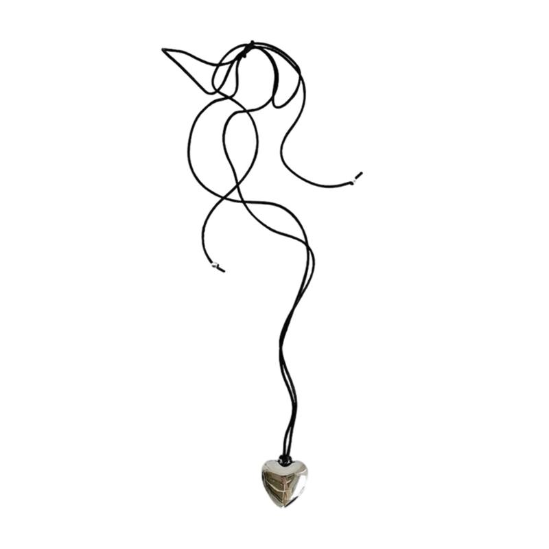 

Готическое черное веревочное колье-чокер с большим кулоном в виде сердца для женщин, элегантное плетение, узел-бантик, регулируемая цепочка, ювелирное изделие 1 серебряный