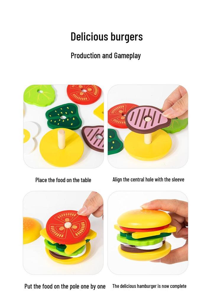 Wooden Play Food Set: Hamburger, Fries, Sandwich, and Kitchen Utensils for Kids