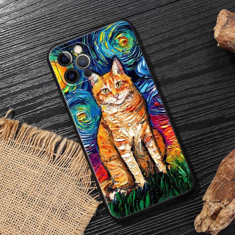 Van Gogh Starry Night Cat Oil Painting Funda For Iphone 15 Pro 14 11 12 13 Pro Max Mini XS X 7 8 14 Plus SE2020 Cases Soft Cover