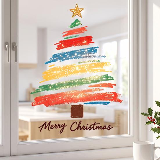 Christmas Tree Wall Stickers Hand-painted Colorful Static Glass Sticker, Removable PVC Window Cling, Holiday Reusable Decals for Home And