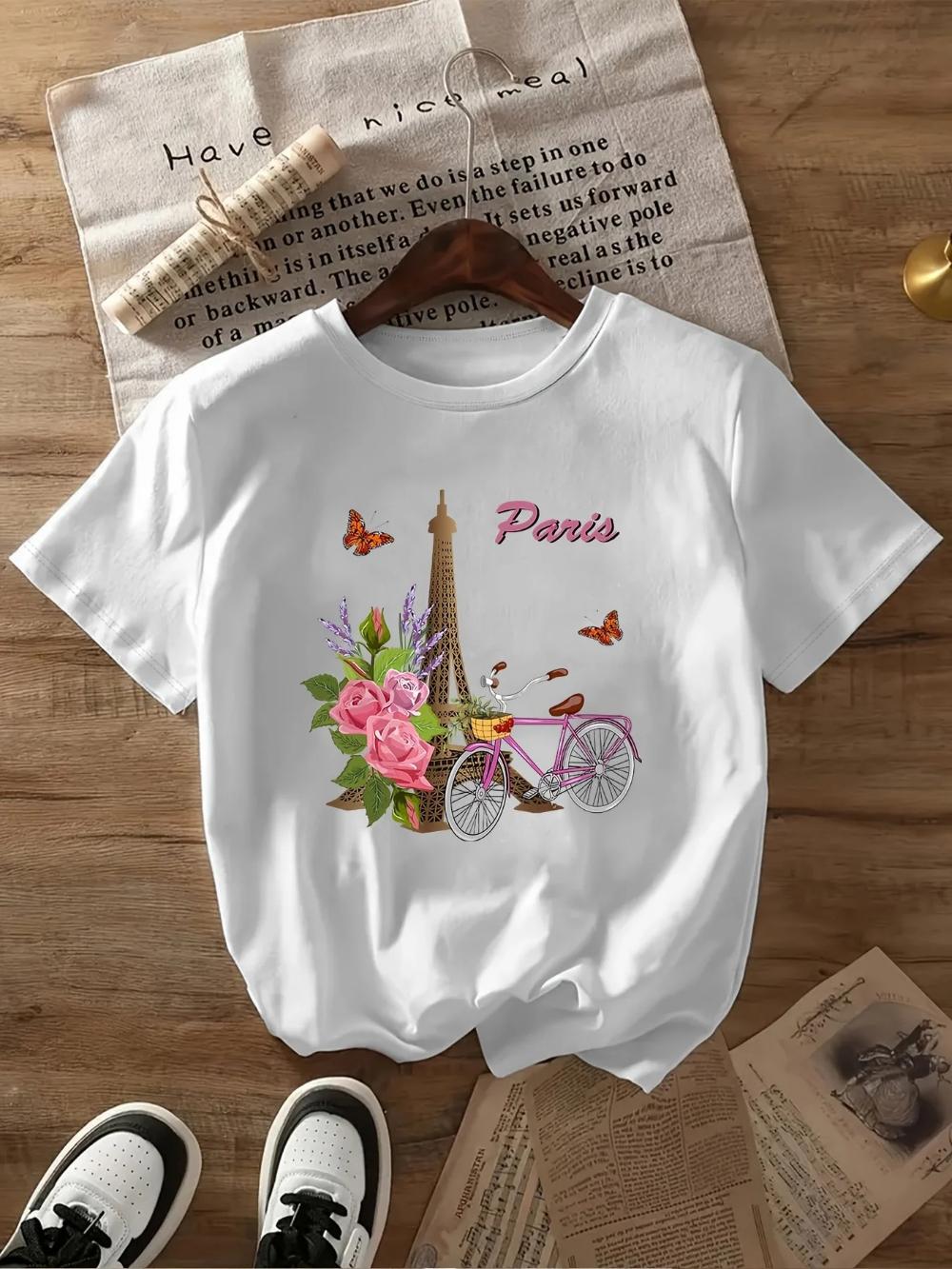 Paris Eiffel Tower Graphic Tshirt Women Casual Loose Fit Tee Daily Streetwear Oversize Short Sleeve Top French Themed Tshirt S