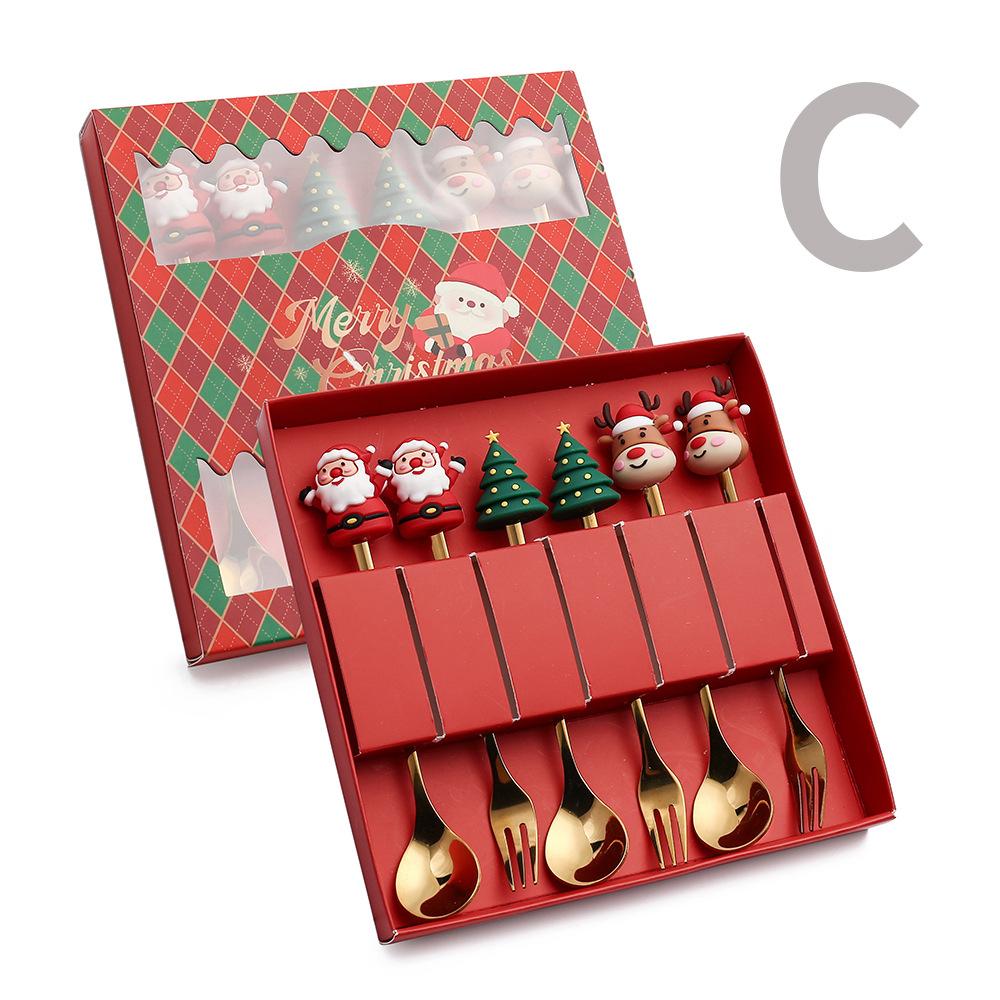 Christmas Spoon Set Cute Coffee Spoon Creative Stirring Spoon Fork Dessert Fork Christmas Gift Box Cutlery 4-Piece