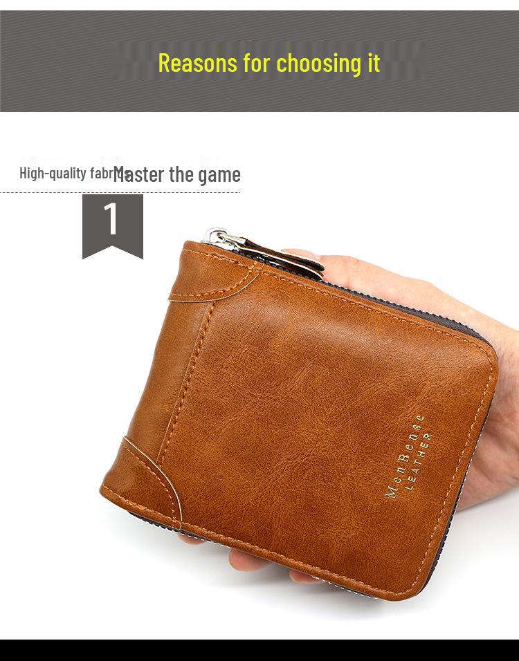 MenBense Men's Retro Zipper Wallet: Fashionable, Short, Large Capacity, Multi-Card Slots.