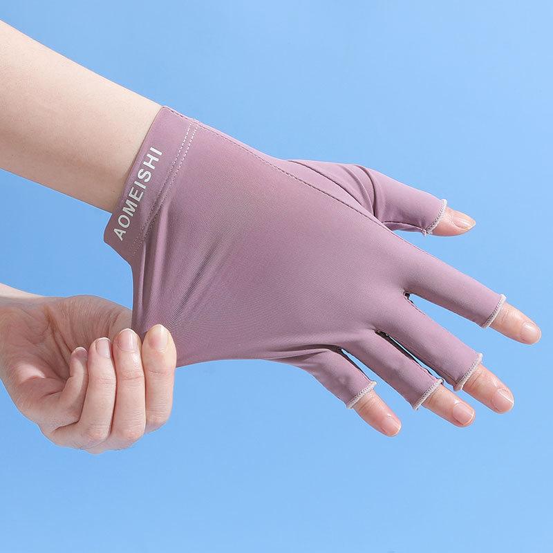 Summer Women'S Ice Silk Thin Gloves Fingerless Half-Finger Uv Protection Sunscreen Female Gloves Nail Gloves Riding Driving