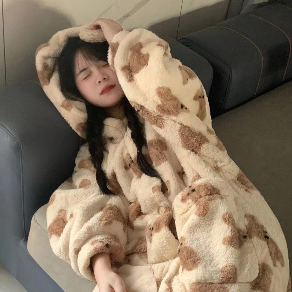 Cămașă de noapte de iarnă cu ursuleț de desene animate - Caldă, drăguță, pijama groasă din lână coral