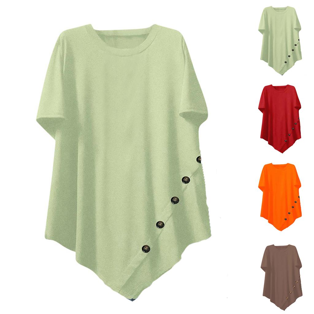 Women's Color Casual Short-sleeved T-shirt With Decorative Buttons