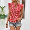 Women Sweet Stand Collar Ruffled Sleeve Flower Print Slim Fit Short Sleeve Shirt