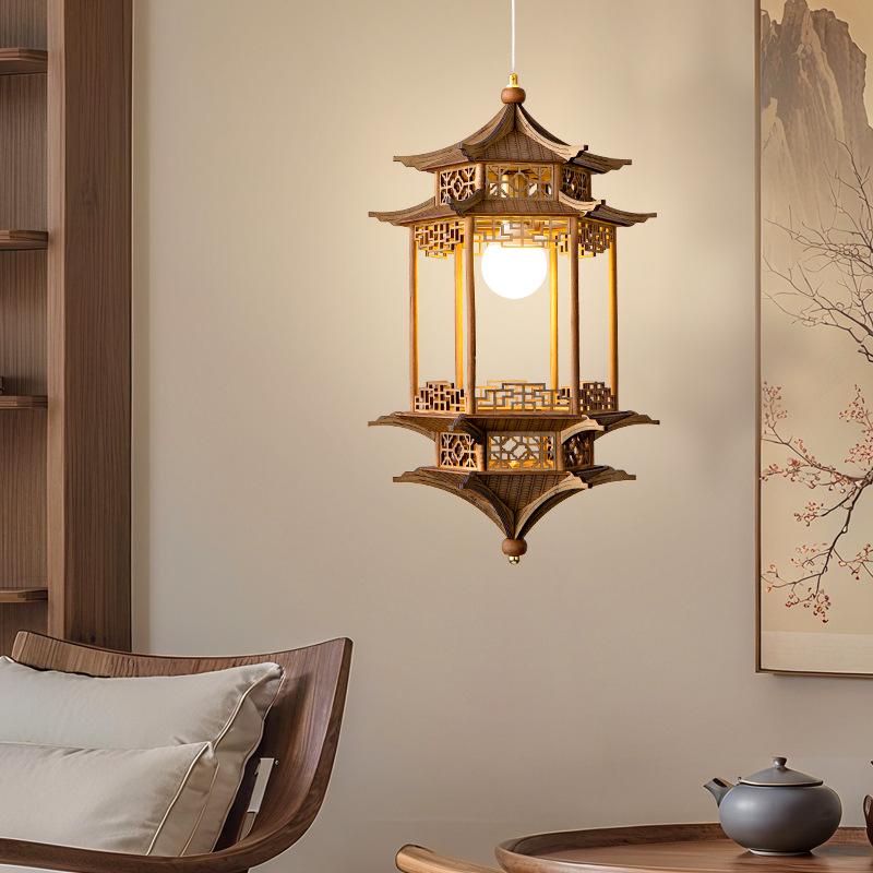 Song Dynasty Aesthetic Lamp: Hexagonal Pavilion Chandelier for Tea Room or Zen Restaurant
