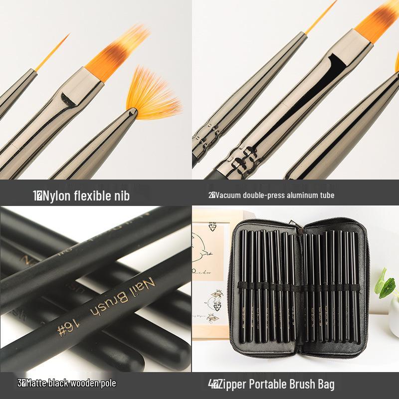 Japanese Nail Art Pen Set: 16-Piece Gel Polish Liner, Drawing, Carving, and Blending Brushes.