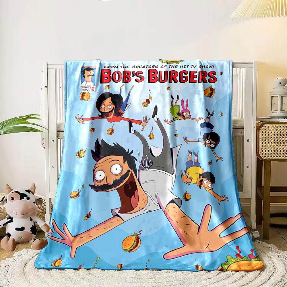 Characters fall through the sky surrounded by floating burgers. for all seasons blanket lunch break throw gift 80cm x 120cm