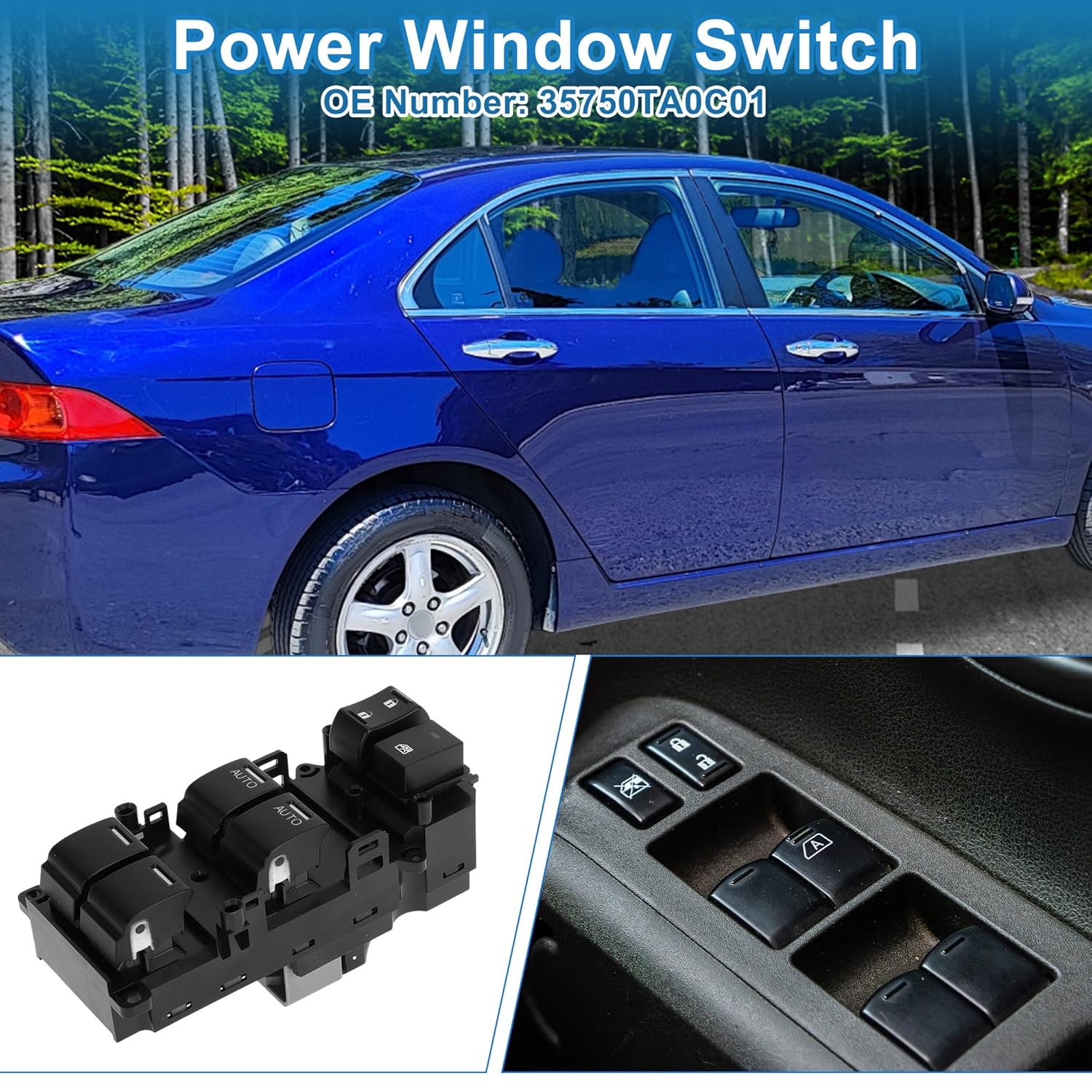 Power Window Switch No.35750TA0C01 Front Left Driver Side Window Control Switch for Honda Accord 2011-2012 Black