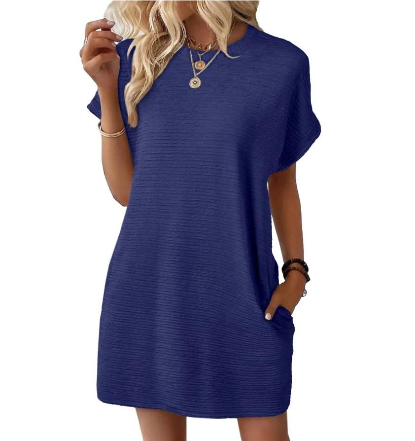 Europe Style Short Sleeve Dress With Pockets And Distressed Effect For Casual Summer Wear