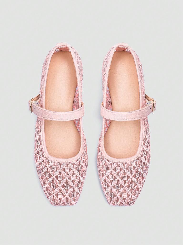 Women's Black Square Toe Ballet Mary Jane Flats with Cross Pattern Embroidery Detail and Black Buckle Strap