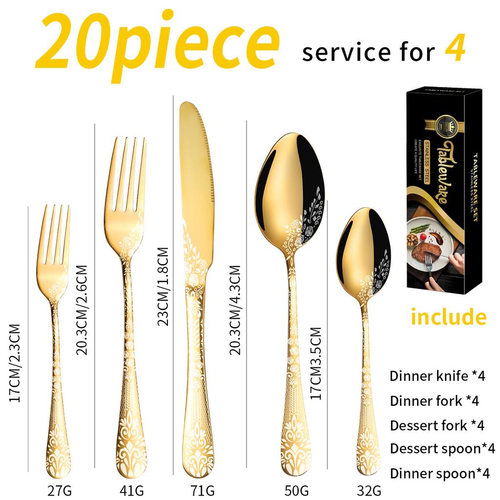 20PCS Patterned Stainless Steel Tableware Knife Fork Spoon Set Western Style Steak Knife Fork Spoon Set Cutlery set