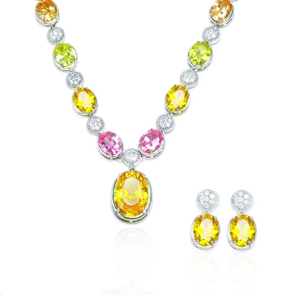 Super Féerique Style Rétro Collier Zircon Coloré, Ensemble Boucles d'Oreilles Puces, Chaîne, Bijoux de Mariée Ensemble Deux Pièces