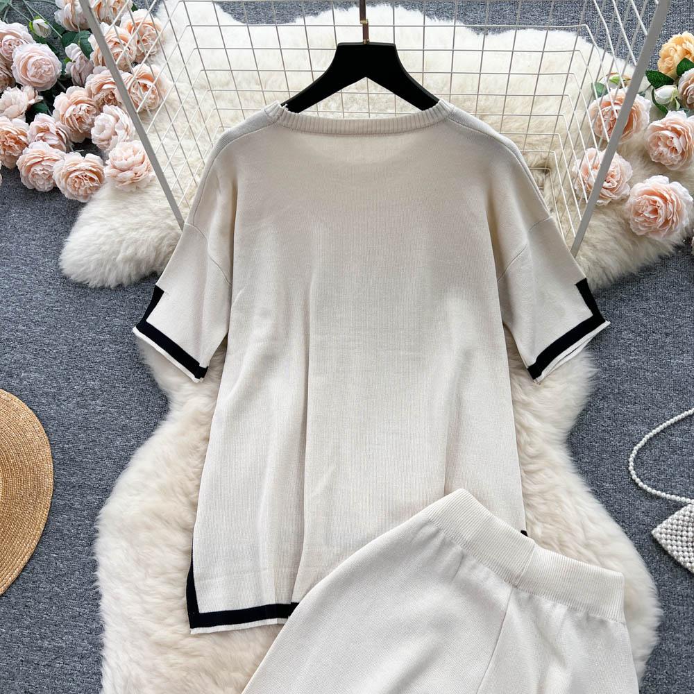 Basic O-hals Vår Sommar Kvinnor Stickad Tröja Set Mode Lös Casual Tvådelad Kortärmad Träningsoverall Dambyxdräkt