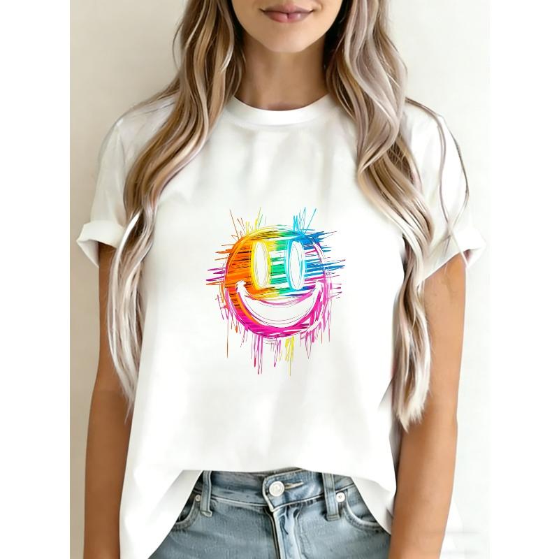 Crew Neck T Shirt White Rainbow Smile Face Print Casual Wear For Women Summer Outfits Street Style Fashion Top