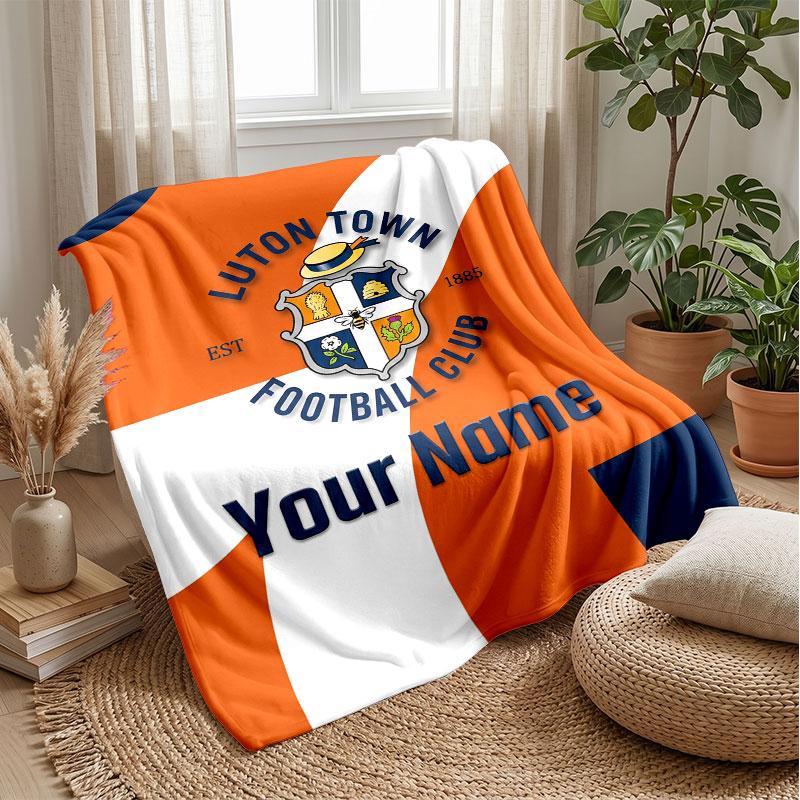 Luton Town Custom Name Text Flannel Blanket Soccer Logo Personalized Fleece Throw Blanket Special Gift For Sofa Bedroom Home