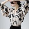 French Retro Ink Printed Satin Shirt Women Spring Autumn New Niche V-neck Long Sleeve Pullover Puff Sleeves Top M-3XL