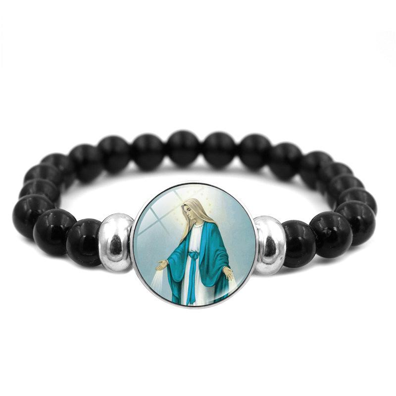 Christliches Jesus-Armband mit schwarzen Perlen, elastischer Schmuck, Jungfrau Maria, Glas-Druckknopf-Armbänder für Männer und Frauen, katholische Geschenke