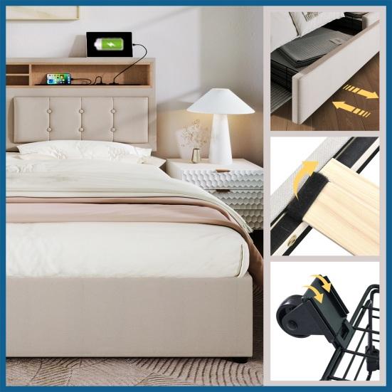 Teen Bed Double with 4 Drawers & Usb C Socket, Upholstered Person 160x200cm, Height Adjustable Headboard, Slatted Frame Made of Wood (without
