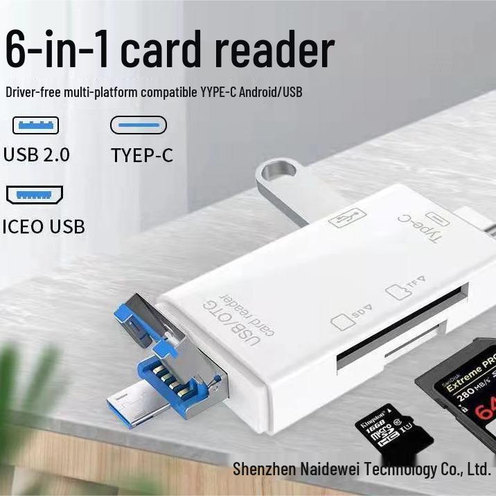 Six-in-One Type-C Multifunctional Card Reader: TF/SD USB Adapter for Computer & Phone