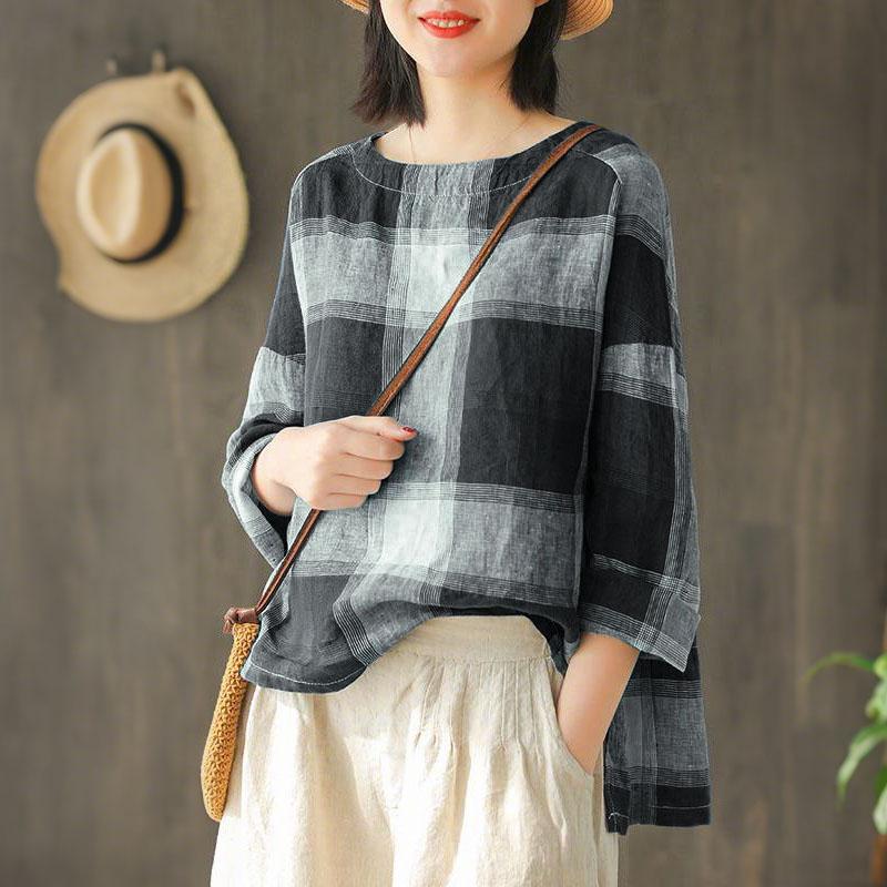 

ZANZEA Женские повседневные топы с круглым вырезом, клетчатым принтом и длинными рукавами 5XL чёрный