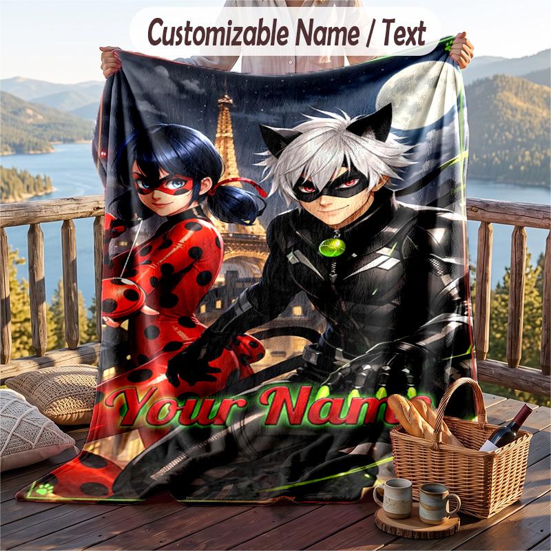 Miraculous Ladybug Flannel Blanket, Personalized Custom Name Text, Soft Warm Plush Throw Blanket For Gift