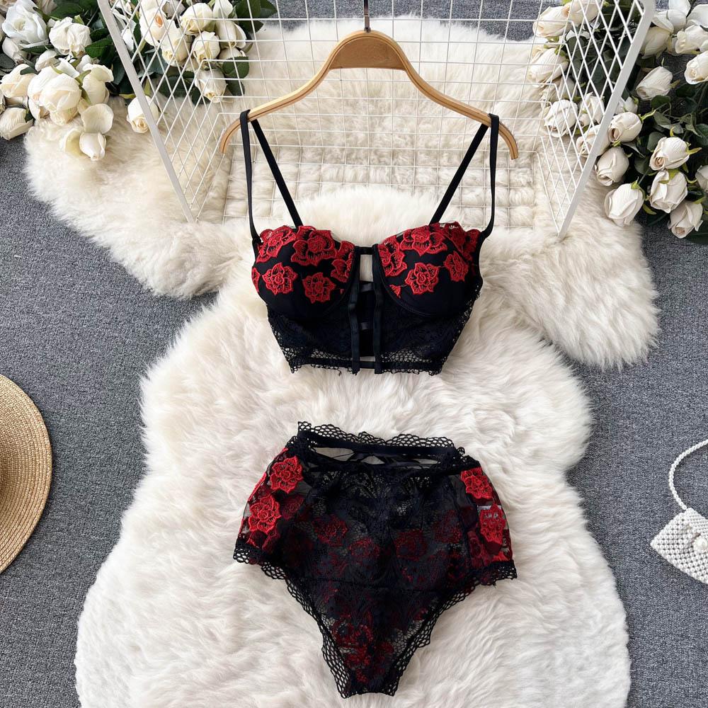 Lingerie Sensual Floral Lace 2 Pieces Set Women Backless Embroidery Fancy Sexy Suits Female Short Intimate Sheer Erotic Underwear Sets 2026 S красный