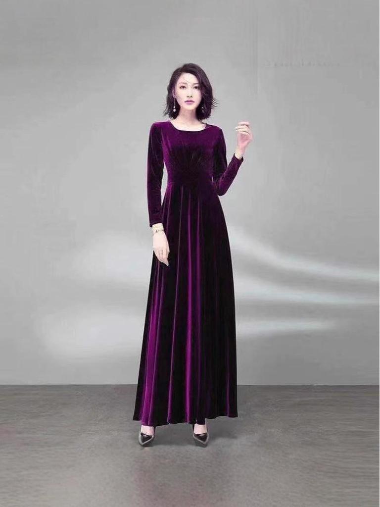 Noblewoman Autumn Golden Velvet Cinched Waist Long-Sleeved Dress with Large Hem