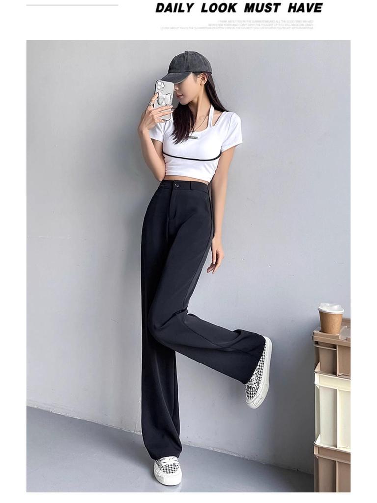 2025 Spring Women's High-Waist Slimming Black Wide-Leg Pants - Petite, Floor-Length Straight-Leg Design