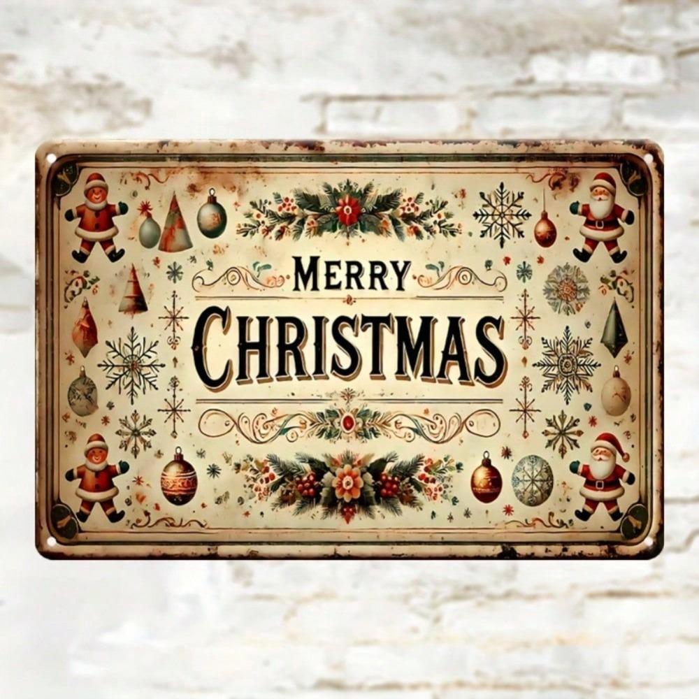 Vintage Merry Christmas Metal Tin Sign 11.9"x7.9", Rustic 2D Flat Wall Decor with Festive Motifs Indoor/Outdoor