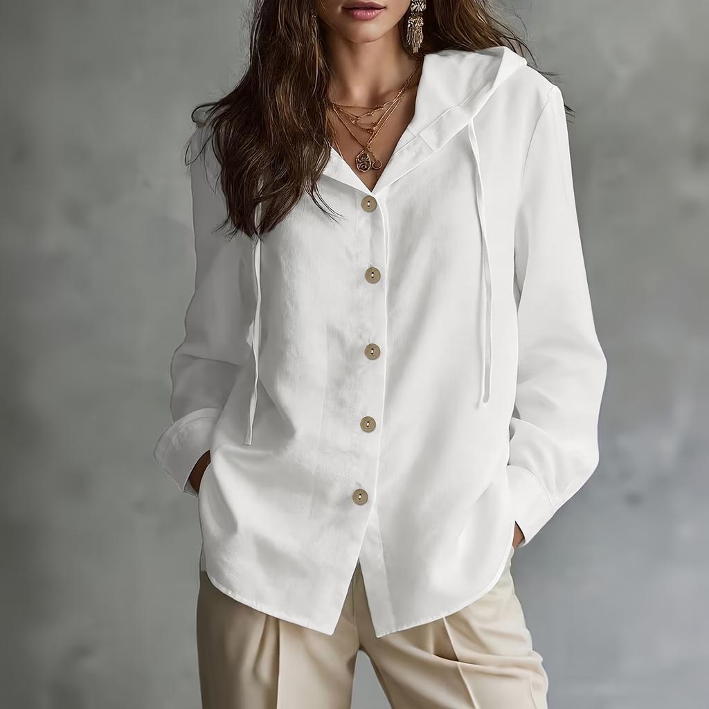 Women's Casual Long Sleeve Hooded Shirt with Drawstring, Wooden Buttons and Patch Pockets - Loose Fit