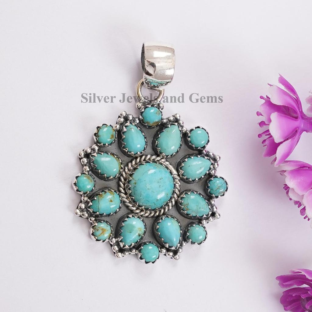 Kingman Turquoise Cluster Pendant, 925 Sterling Silver Pendant, Natural Turquoise Pendant-Multi Stone Pendant, Birthday Pendant
