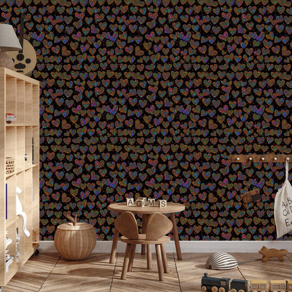 Neon Glitter Hearts Wallpaper Black, Rust and Ochre 50x1000