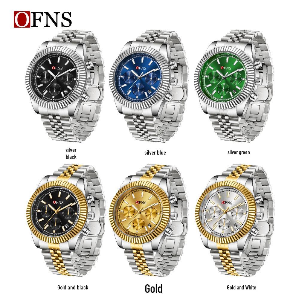 Oufannishi Men's Multifunction Chronograph Quartz Watch with Calendar and Stainless Steel Band, Waterproof Design