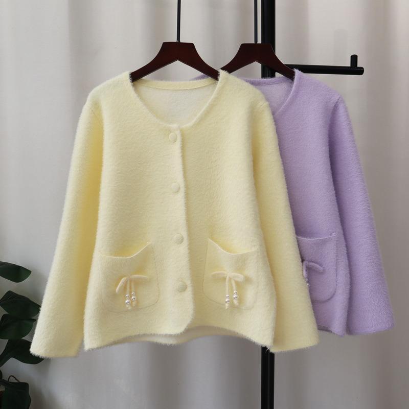 Bow imitation mink velvet knitted cardigan autumn and winter new round neck high-end sweater jacket women