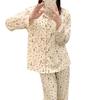 2024 Cute Spring/Autumn Women's Crepe Pajama Set with Chest Pad, Lapel Cardigan, Long-Sleeved Top, and Trousers.
