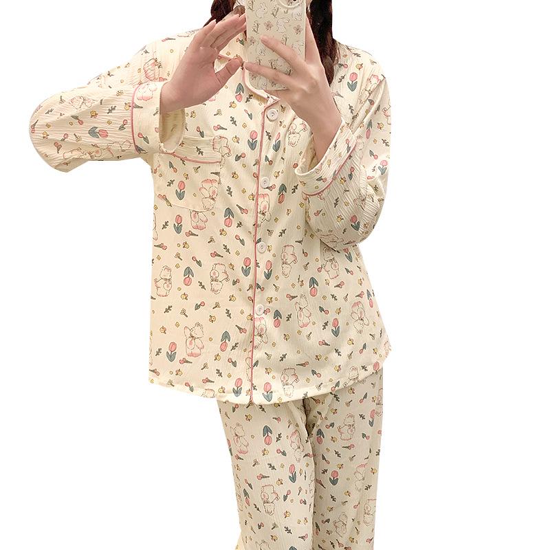 2024 Cute Spring/Autumn Women's Crepe Pajama Set with Chest Pad, Lapel Cardigan, Long-Sleeved Top, and Trousers.