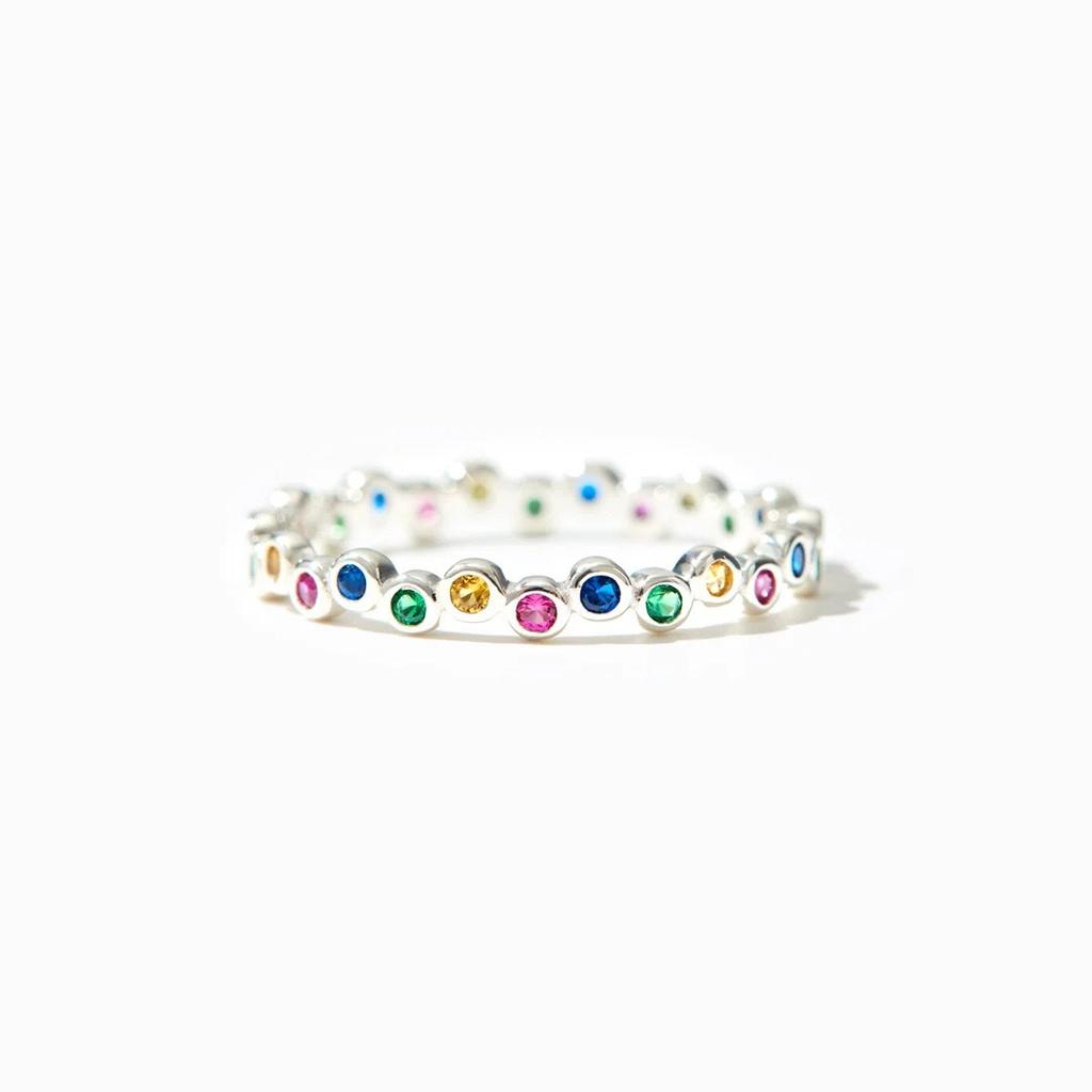 S925 Sterling Silver Ring Women's Simple Versatile Dopamine Colored Zirconium Diamond High-end Rainbow European and American Ring