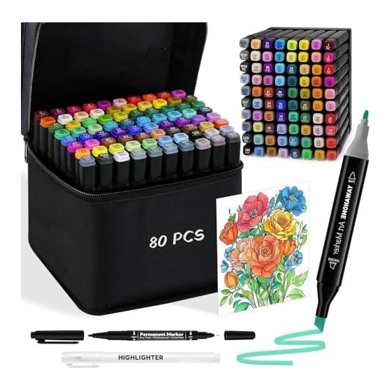 Alcohol Marker 80 Color Set Marker Pen Dual Tip (Bold/Fine) High Color Quick Drying Color Marker Art Pen Set for Illustrations, Sketching, Manga,