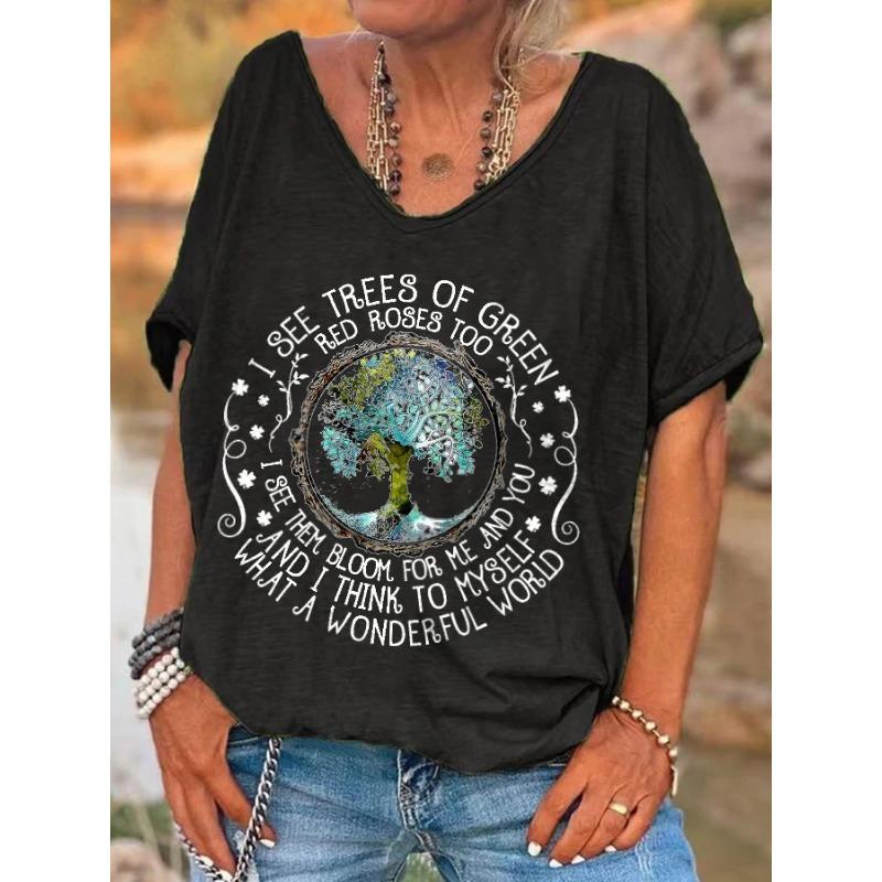 Ilstile Damen V-Ausschnitt Hippie What A Wonderful World Aufdruck T-Shirt Sommer Kurzarm Damenbekleidung Oberteile Freizeit-T-Shirts