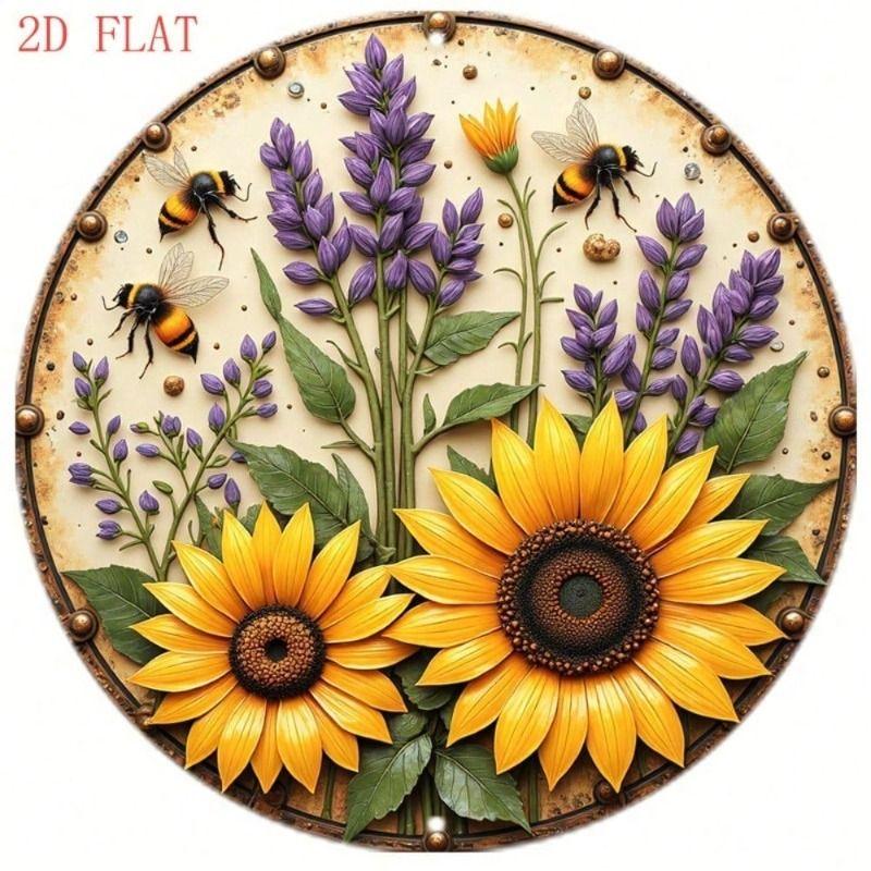 Vintage Sunflower Lavender Round Metal Sign Wall Art Bee Decor