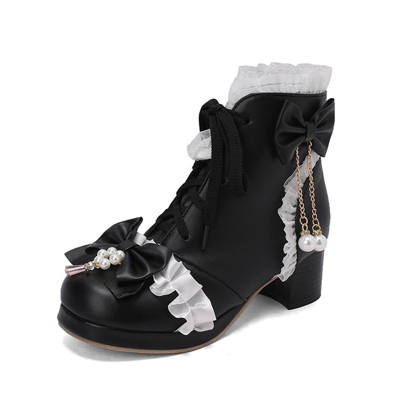 

Женские ботильоны в стиле Лолиты, женские туфли для косплея с круглым носком, на толстом среднем каблуке Kawaii, на шнуровке с бантом и цепочкой из бисера, осень-зима 33 чёрный