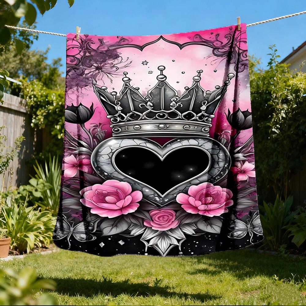 1pc Crown Heart Floral Decor Outdoor Flannel Blanket Soft All Season Polyester Throw , Perfect for Picnics & Travel , Picnic Accessory