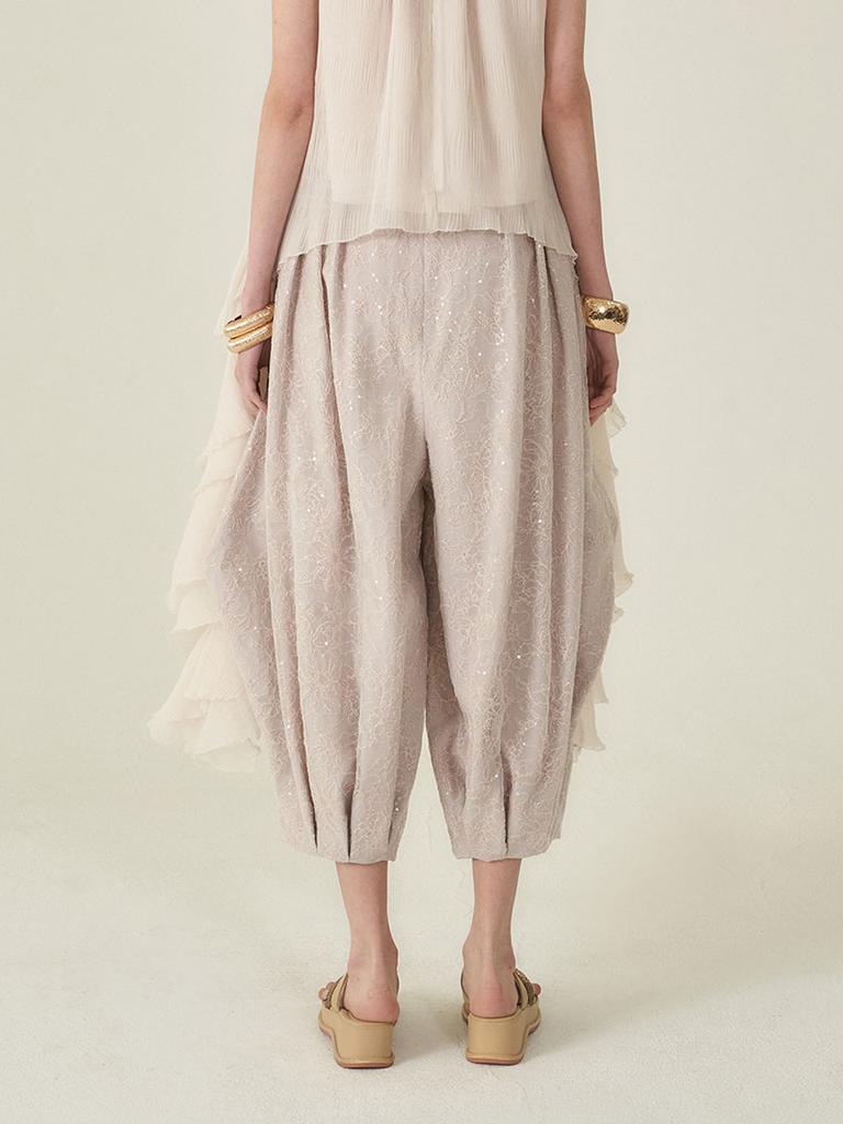 Kaie White Sequin Cotton Silk Volume Balloon Pants