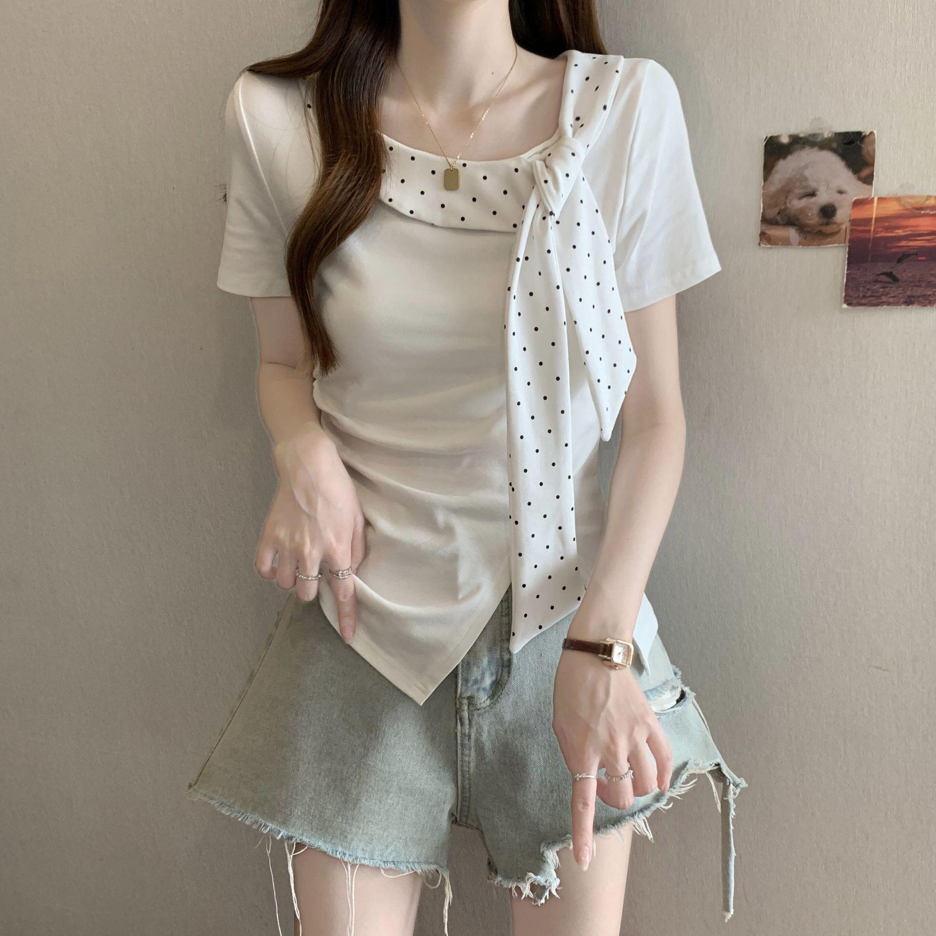 Polka Dot Bow Neck Slim Short-Sleeve T-Shirt with Irregular Hem s белый