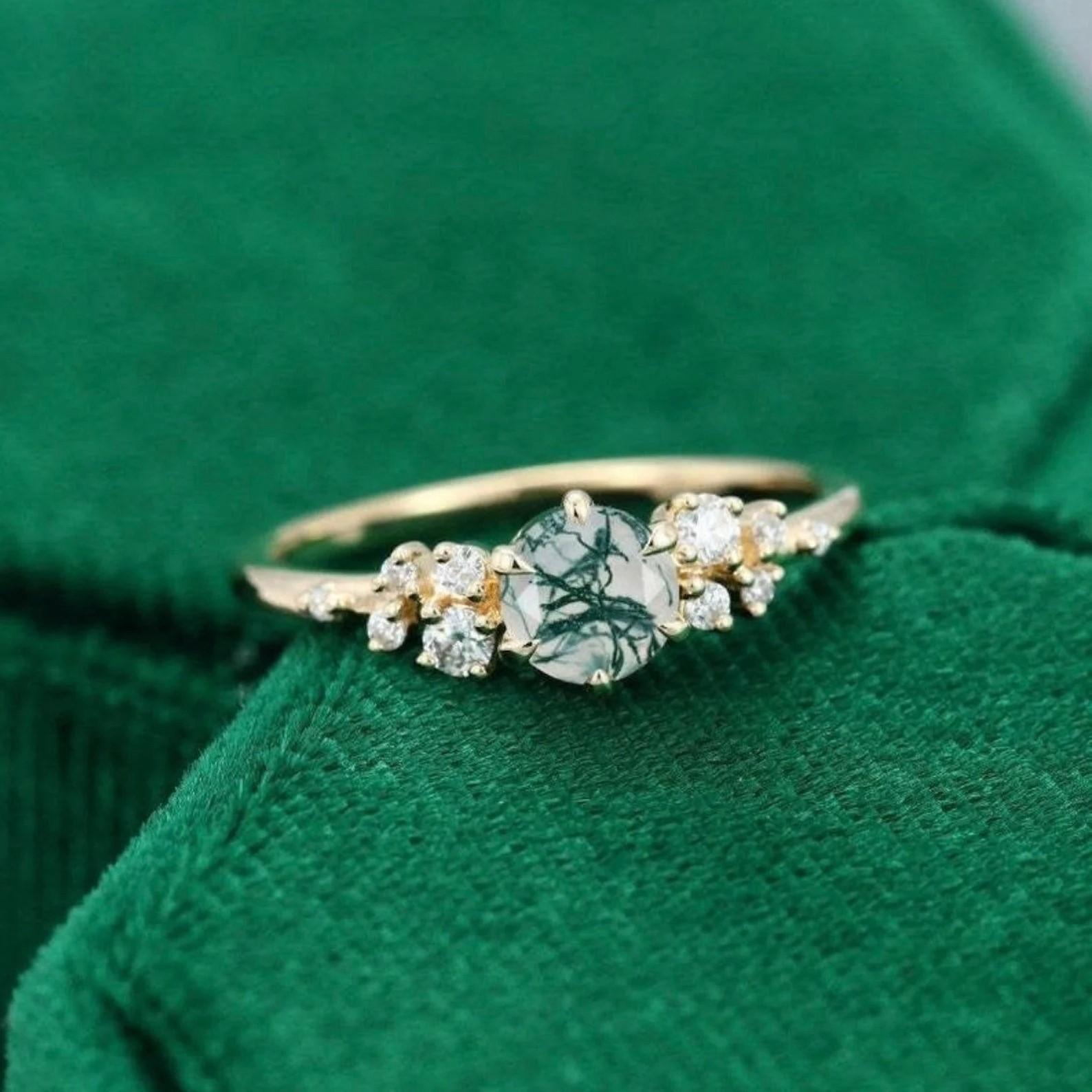 

Изящное кольцо-обещание с моховым агатом для нее, Уникальное помолвочное кольцо с моховым агатом, Кольцо с моховым агатом с покрытием из розового золота, Подарок на годовщину Q розовый